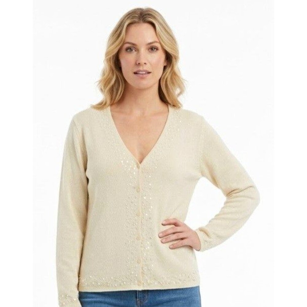 Villager Womens Cardigan Sweater L Beige V-Neck Lightweight Knit SEQUINS LS